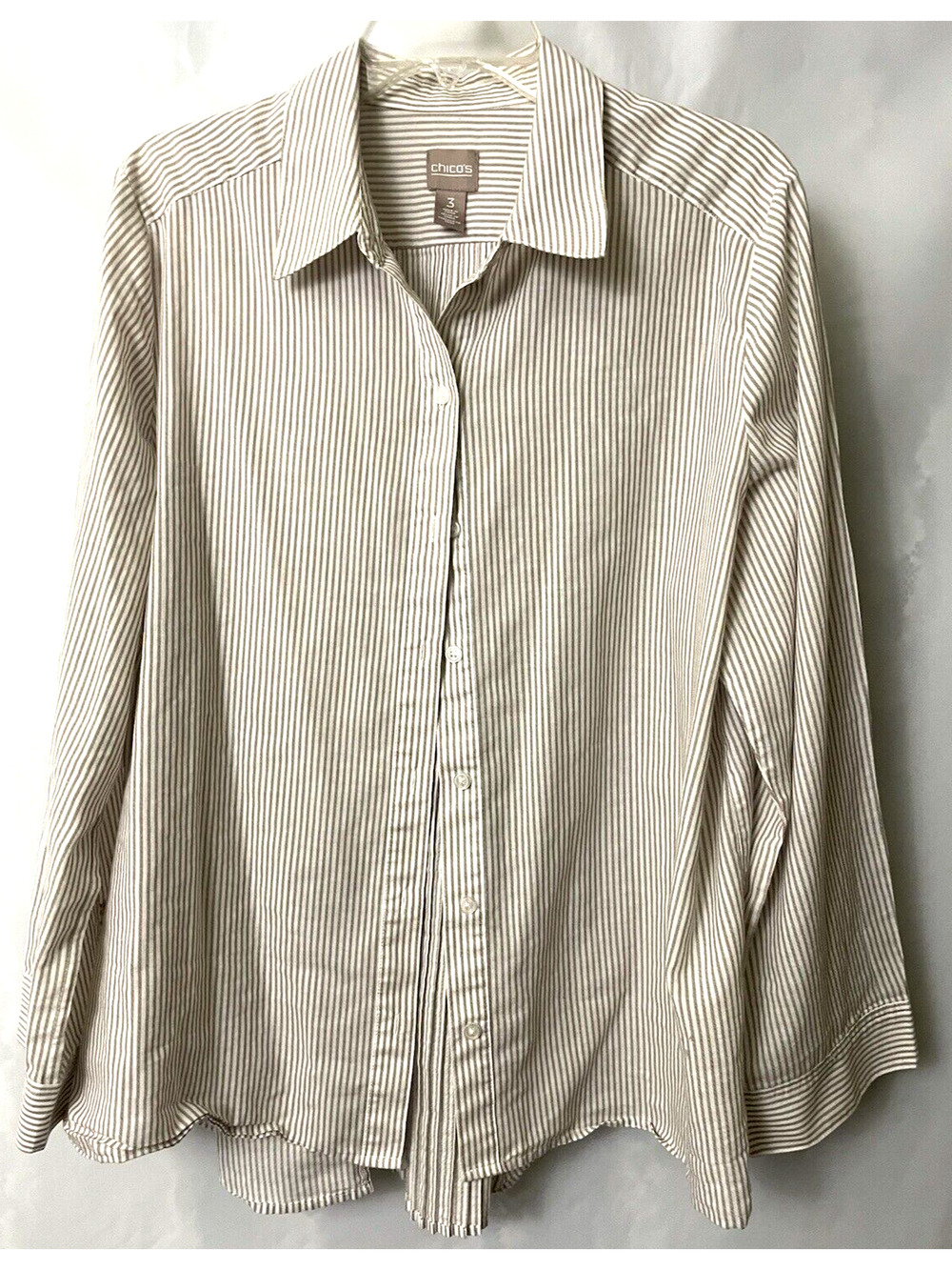 Chico’s Blouse Shirt No-Iron Coolmax All Season Size 3 Tan White Strips